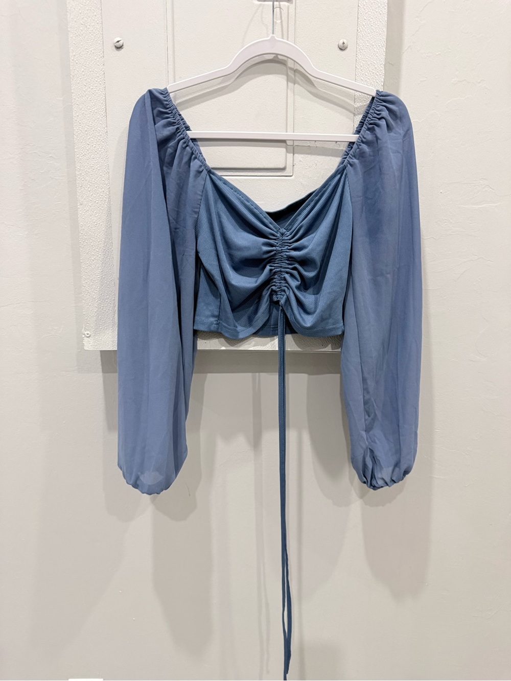 Blue Ruched Drawstring Long-Sleeve Crop Top